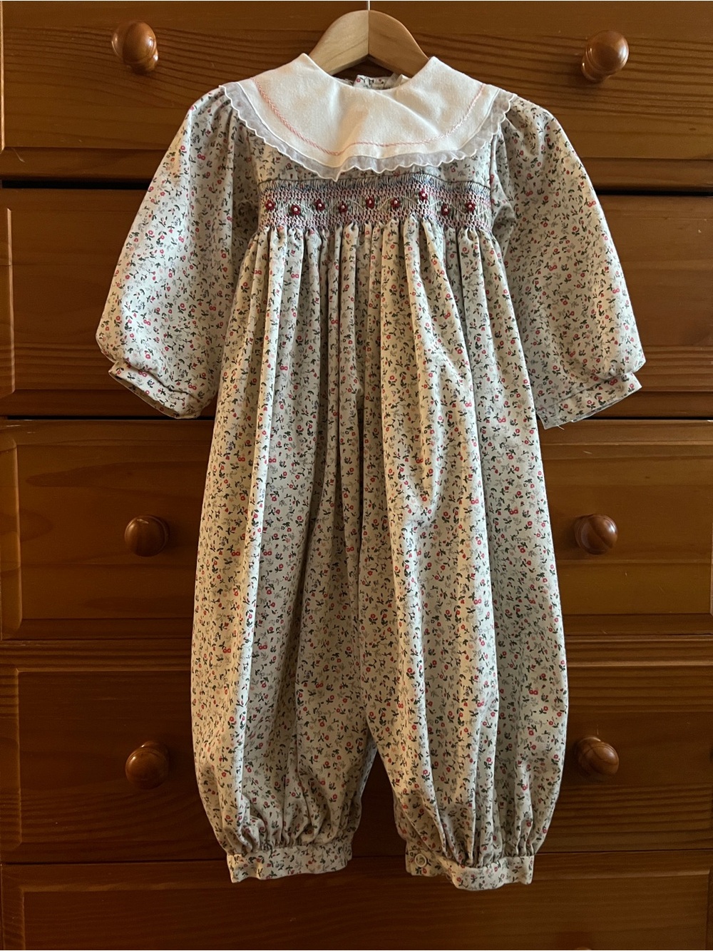 Vintage Floral Smocked Girls' Romper - Cream with Pink & Green